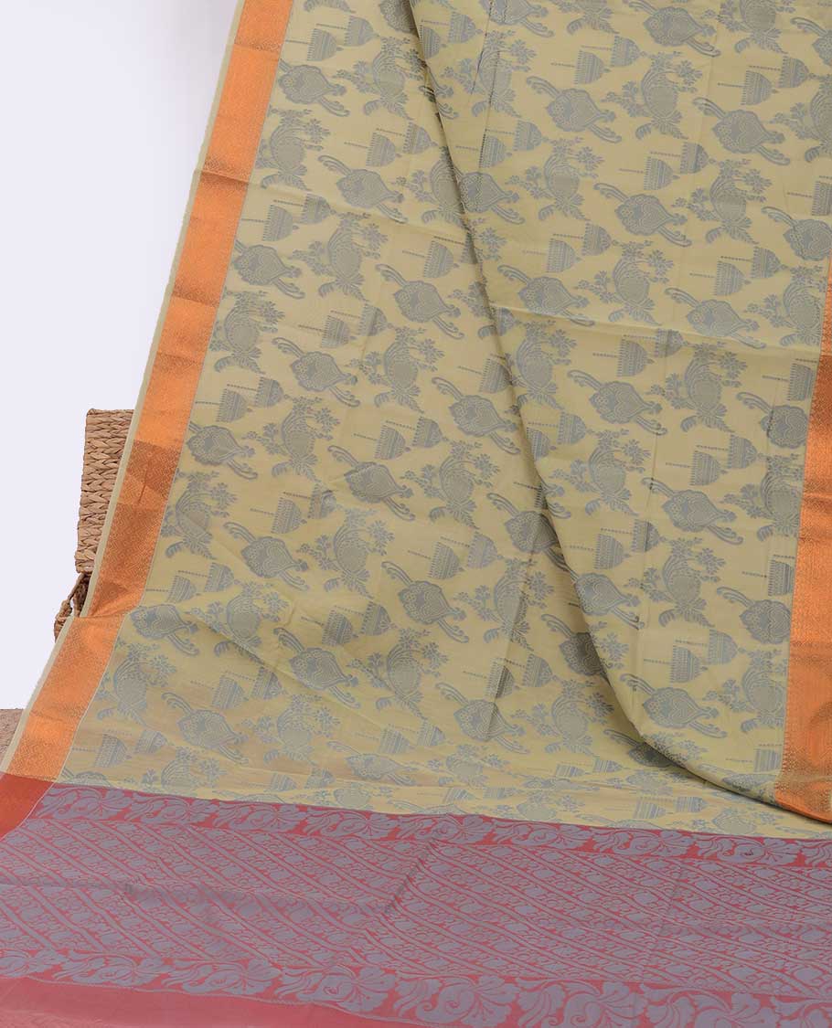 Yellow unique design semi-silk cotton saree, traditional zari border & floral & paisley pallu