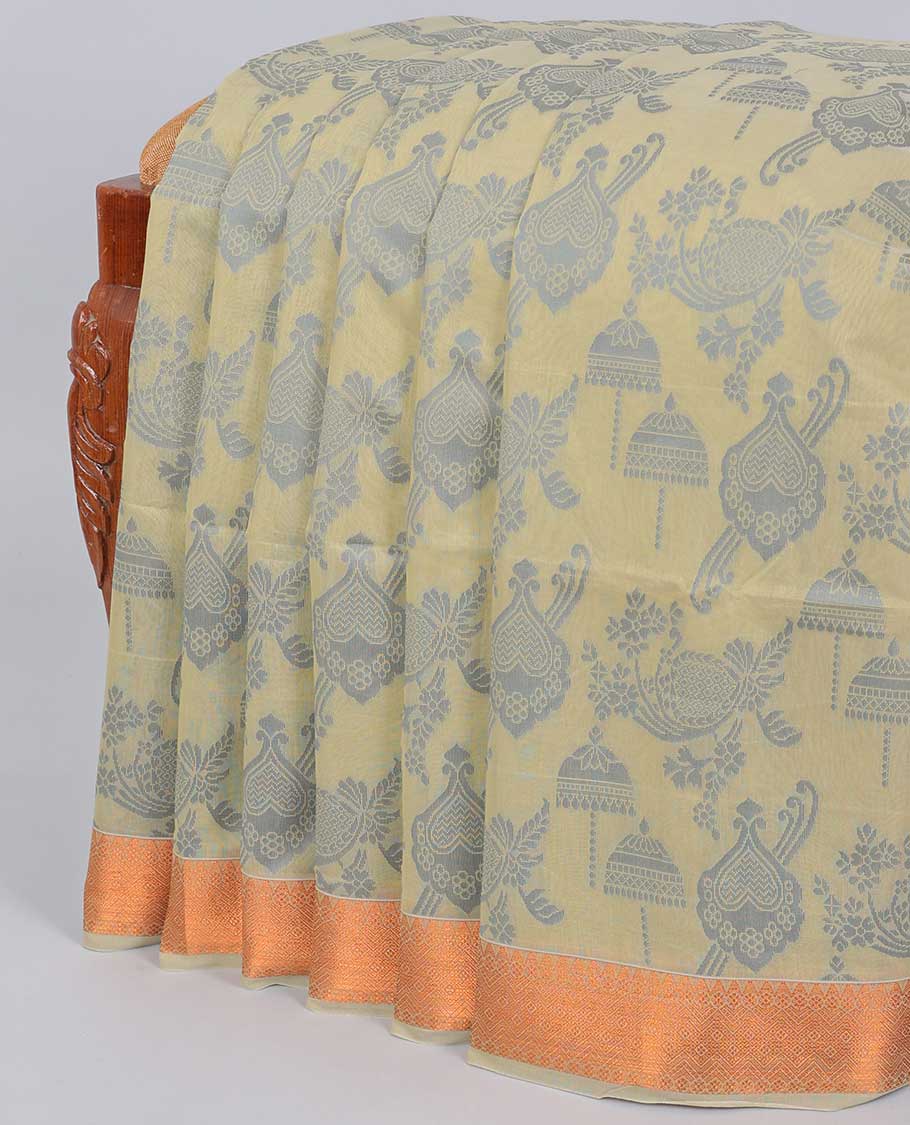 Yellow unique design semi-silk cotton saree, traditional zari border & floral & paisley pallu