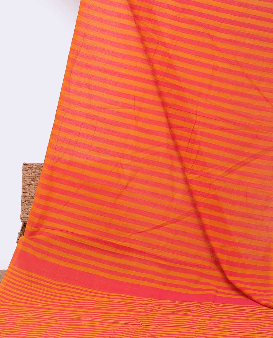 Borderless orange striped design mangalgiri cotton saree, self-pallu of stripes