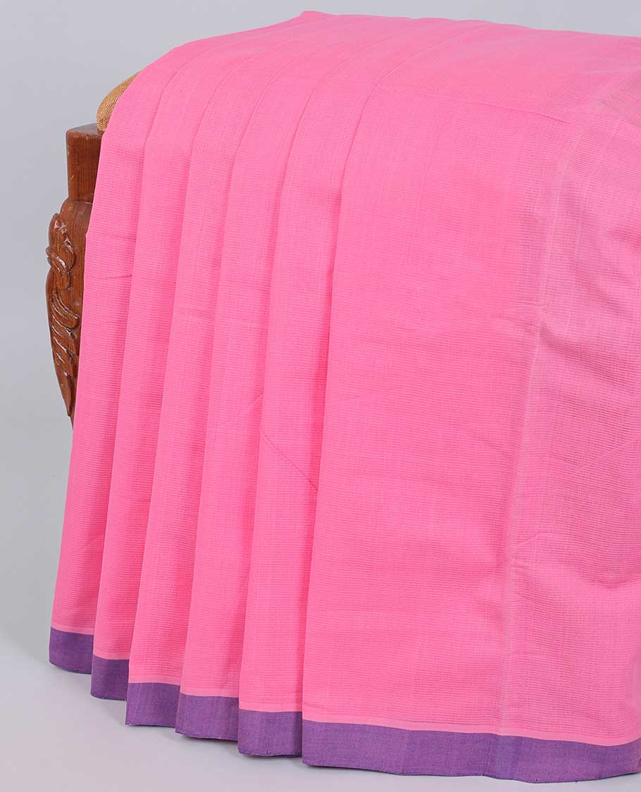 Pink plain design mangalgiri cotton saree, contrast plain border & pallu of stripes