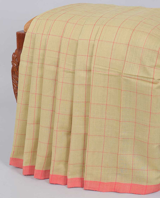 Beige checked design mangalgiri cotton saree, contrast border & pallu of stripes