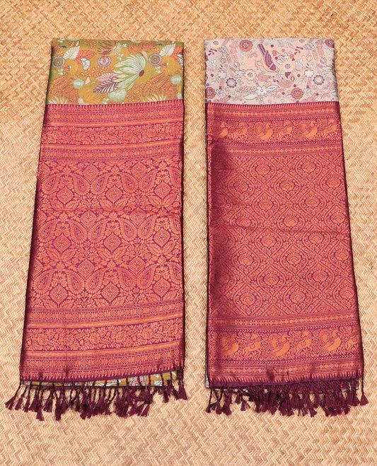 Pack of 2 combo litchi sarees, green & pink floral vine sarees with contrast intricately designed zari pallu