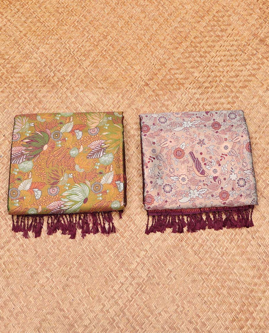 Pack of 2 combo litchi sarees, green & pink floral vine sarees with contrast intricately designed zari pallu