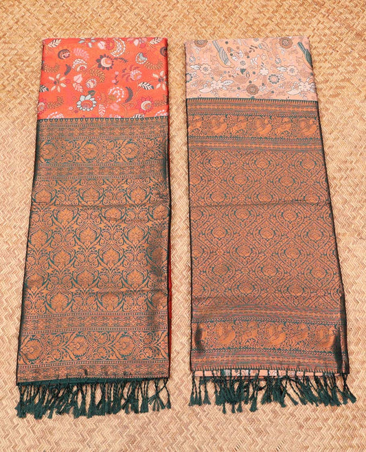 Pack of 2 combo litchi sarees, orange & sandal floral vine sarees with contrast intricately designed zari pallu