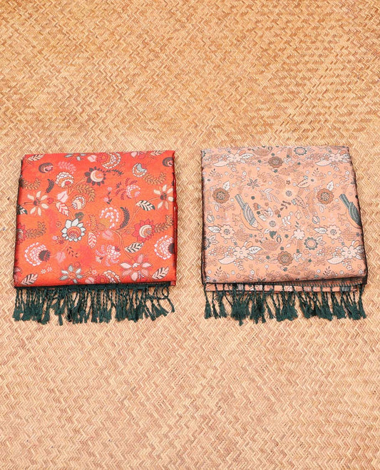Pack of 2 combo litchi sarees, orange & sandal floral vine sarees with contrast intricately designed zari pallu
