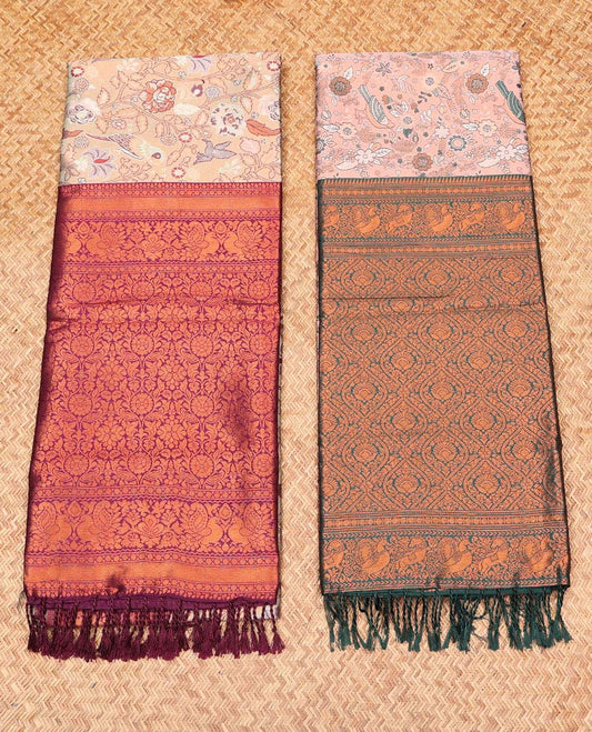 Pack of 2 combo litchi sarees, grey & pink floral vine sarees with contrast intricately designed zari pallu