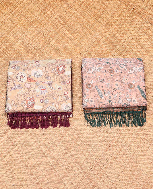 Pack of 2 combo litchi sarees, grey & pink floral vine sarees with contrast intricately designed zari pallu