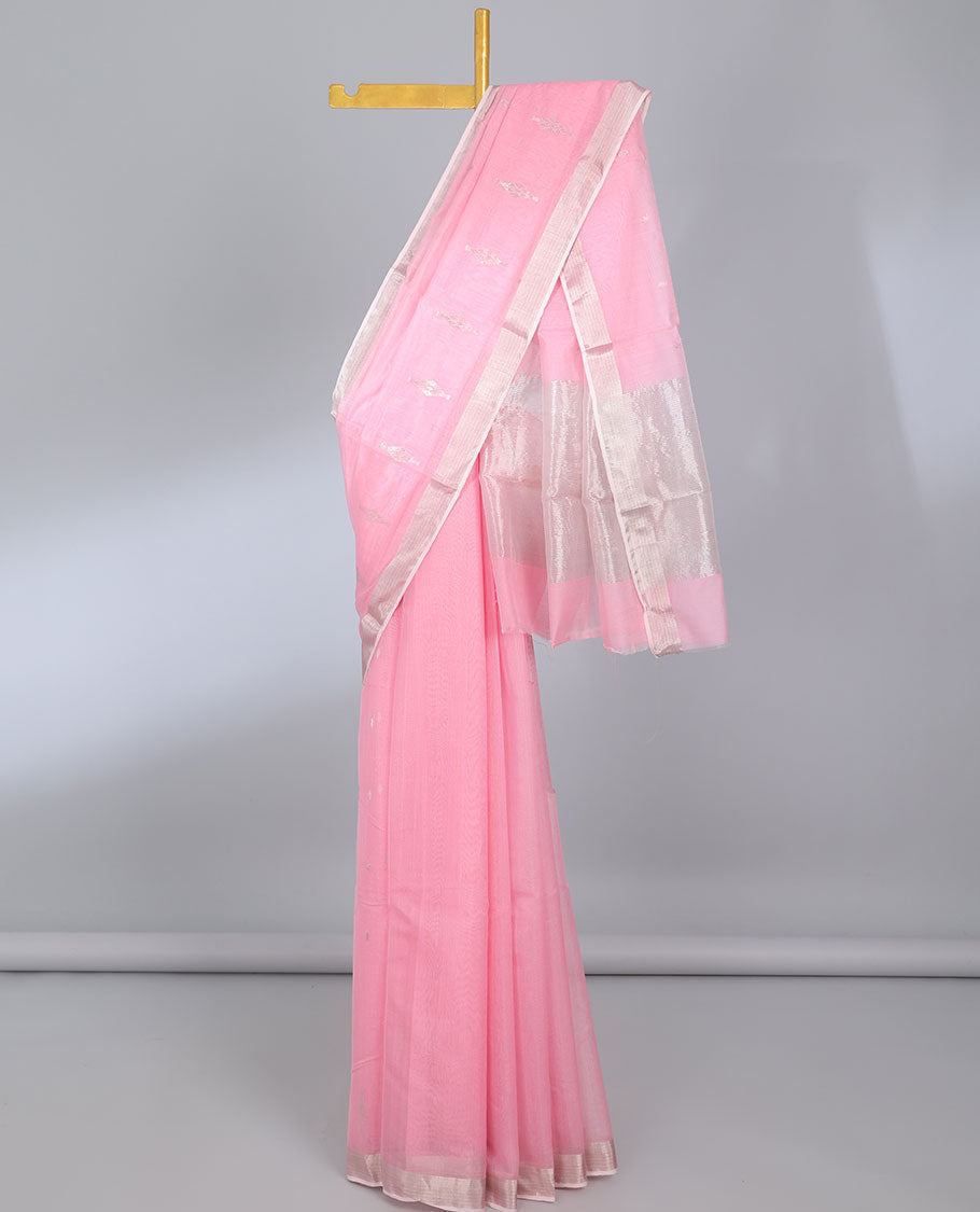 Pink chanderi cotton saree with buttas, striped border & pallu of zari stripes