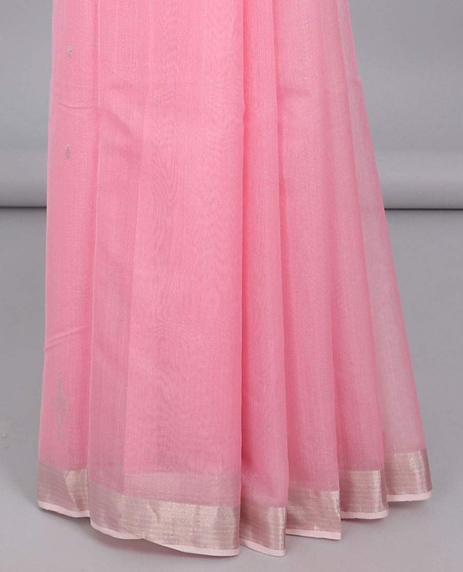 Pink chanderi cotton saree with buttas, striped border & pallu of zari stripes