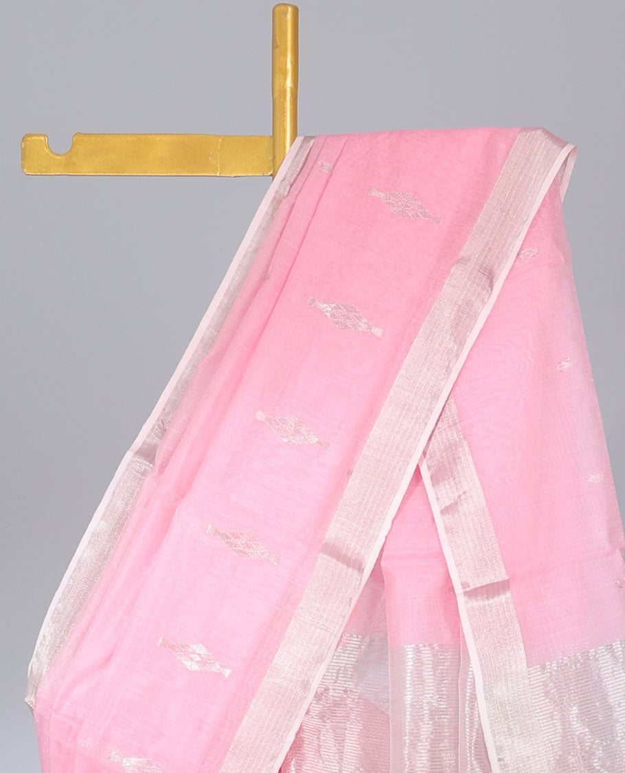 Pink chanderi cotton saree with buttas, striped border & pallu of zari stripes