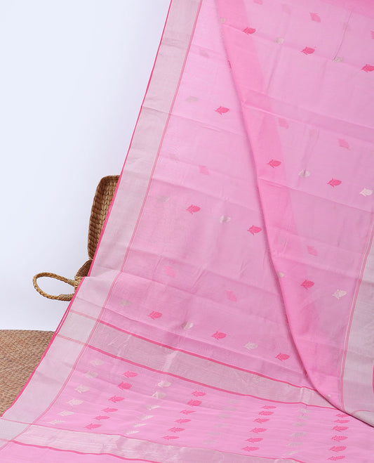 Pink chanderi cotton saree with floral buttas, plain border & pallu of floral designs
