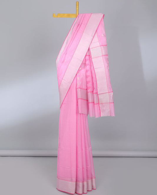Pink chanderi cotton saree with floral buttas, plain border & pallu of floral designs