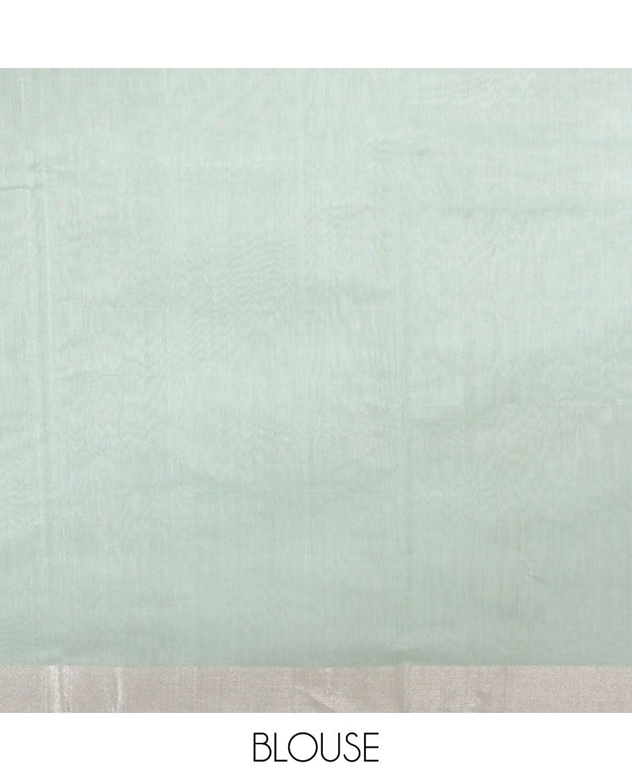Green chanderi cotton saree with zari buttas, plain border & pallu of leaf designs