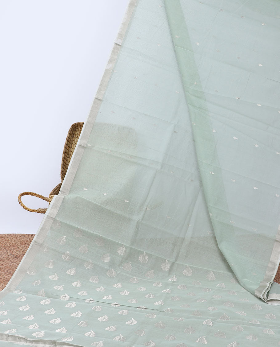 Green chanderi cotton saree with zari buttas, plain border & pallu of leaf designs