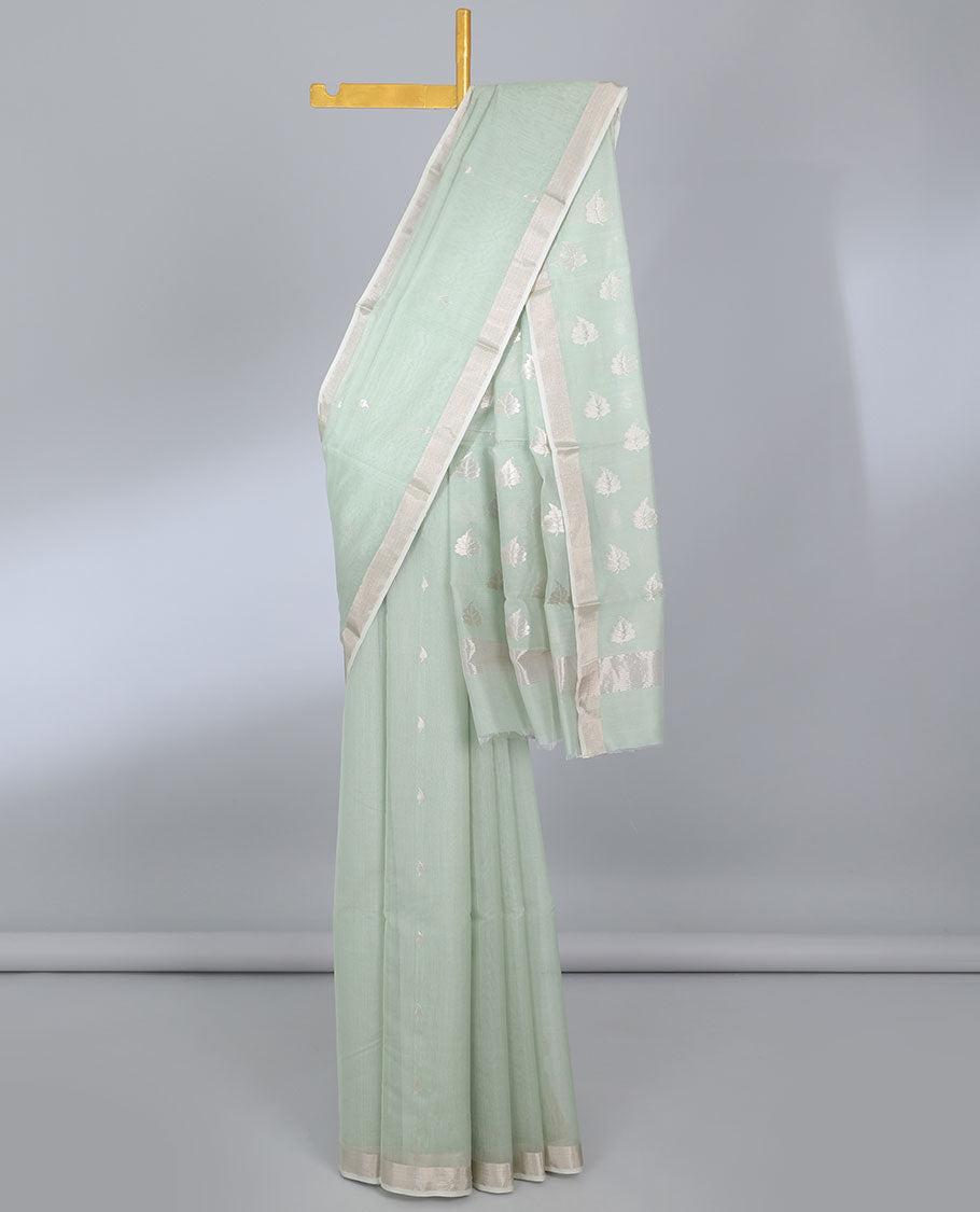 Green chanderi cotton saree with zari buttas, plain border & pallu of leaf designs