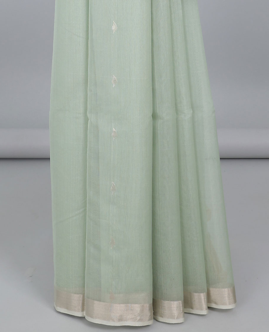 Green chanderi cotton saree with zari buttas, plain border & pallu of leaf designs