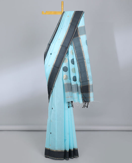 Blue chanderi cotton saree with polka dot buttas, contrast border & pallu of polka dots