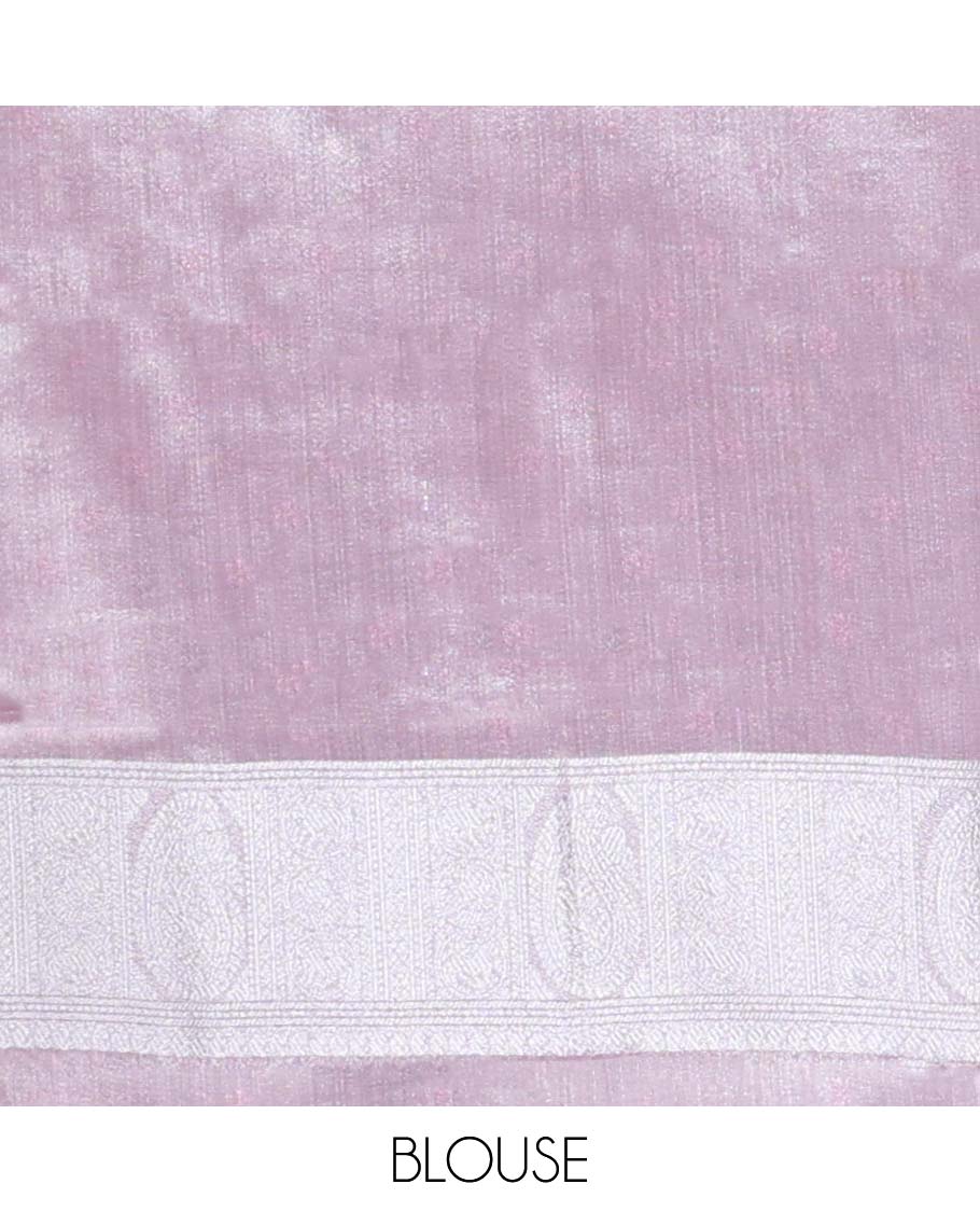 Pink tissue saree with peacock buttas, traditional zari design border & pallu of intricate designs