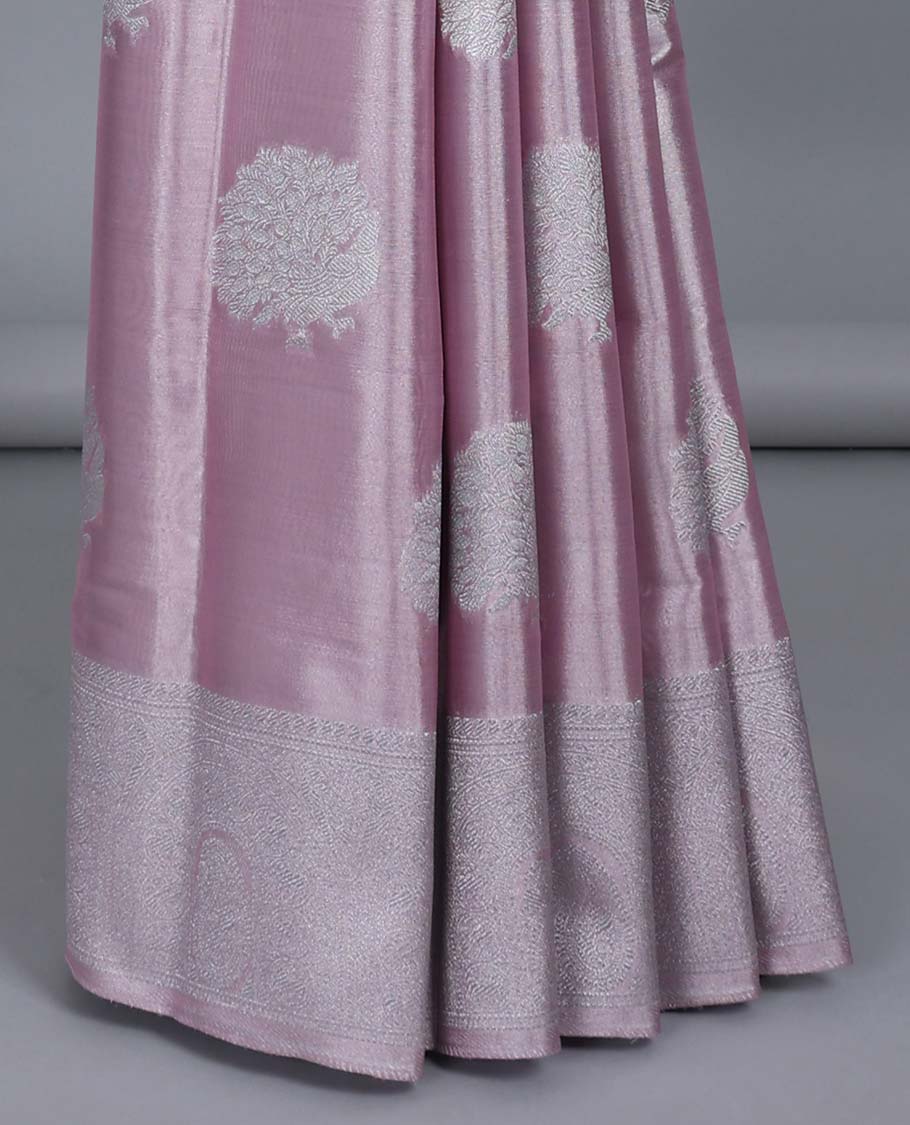 Pink tissue saree with peacock buttas, traditional zari design border & pallu of intricate designs