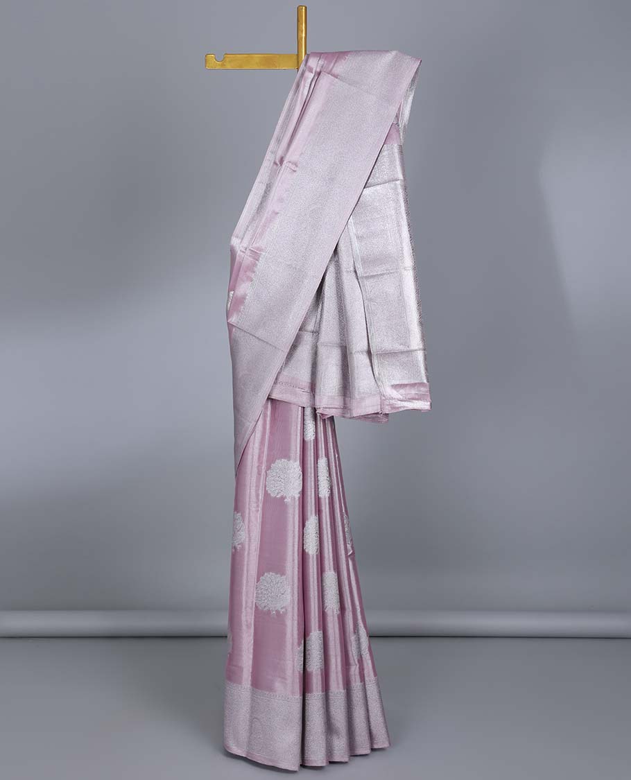 Pink tissue saree with peacock buttas, traditional zari design border & pallu of intricate designs