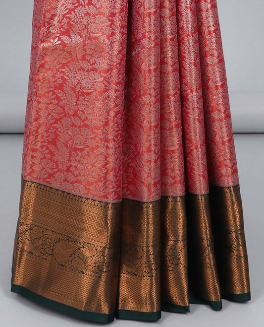 Orange jacquard budget silk saree, contrast traditional zari design border & intricate jaal pallu