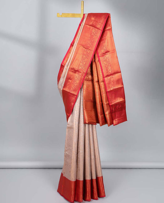 Grey jacquard budget silk saree, contrast traditional zari design border & jaal pallu