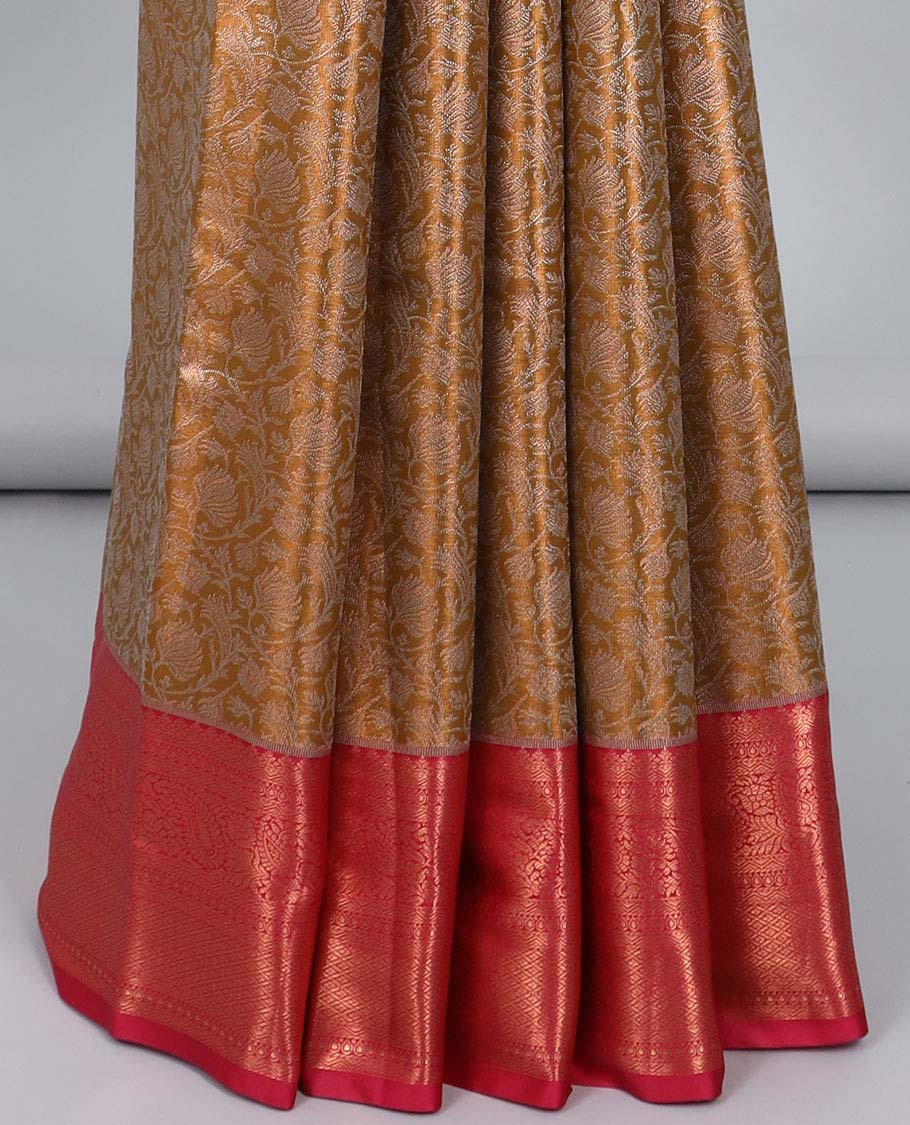 Brown jacquard budget silk saree, contrast traditional zari design border & intricate pallu