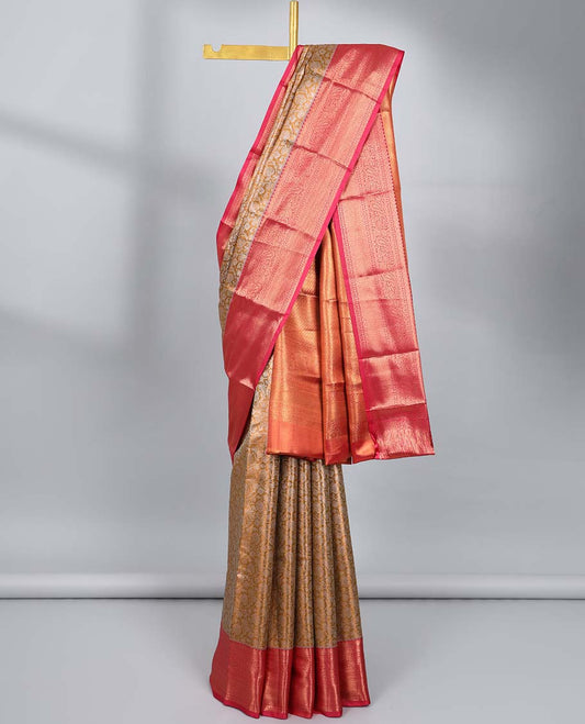 Brown jacquard budget silk saree, contrast traditional zari design border & intricate pallu