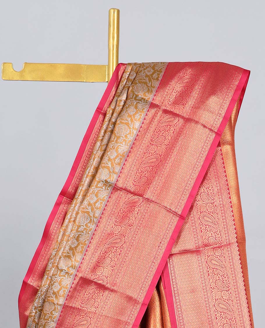 Brown jacquard budget silk saree, contrast traditional zari design border & intricate pallu