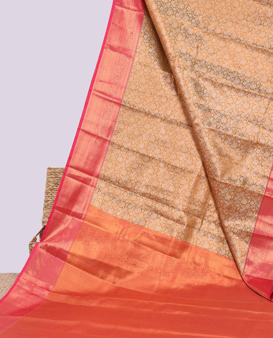 Brown jacquard budget silk saree, contrast traditional zari design border & intricate pallu
