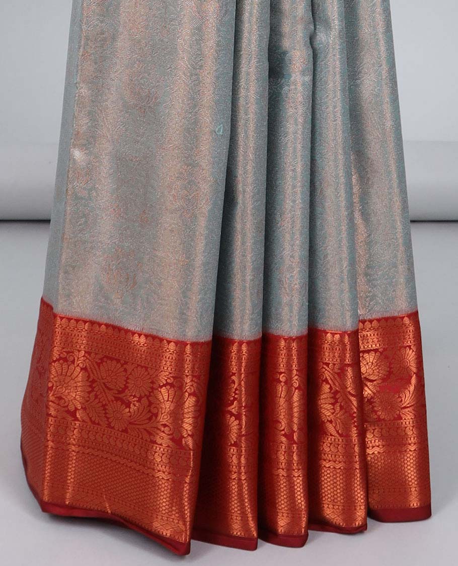 Grey jacquard budget silk saree, contrast traditional zari design border & intricate pallu