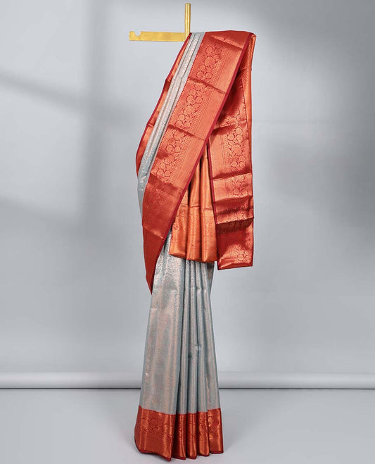 Grey jacquard budget silk saree, contrast traditional zari design border & intricate pallu