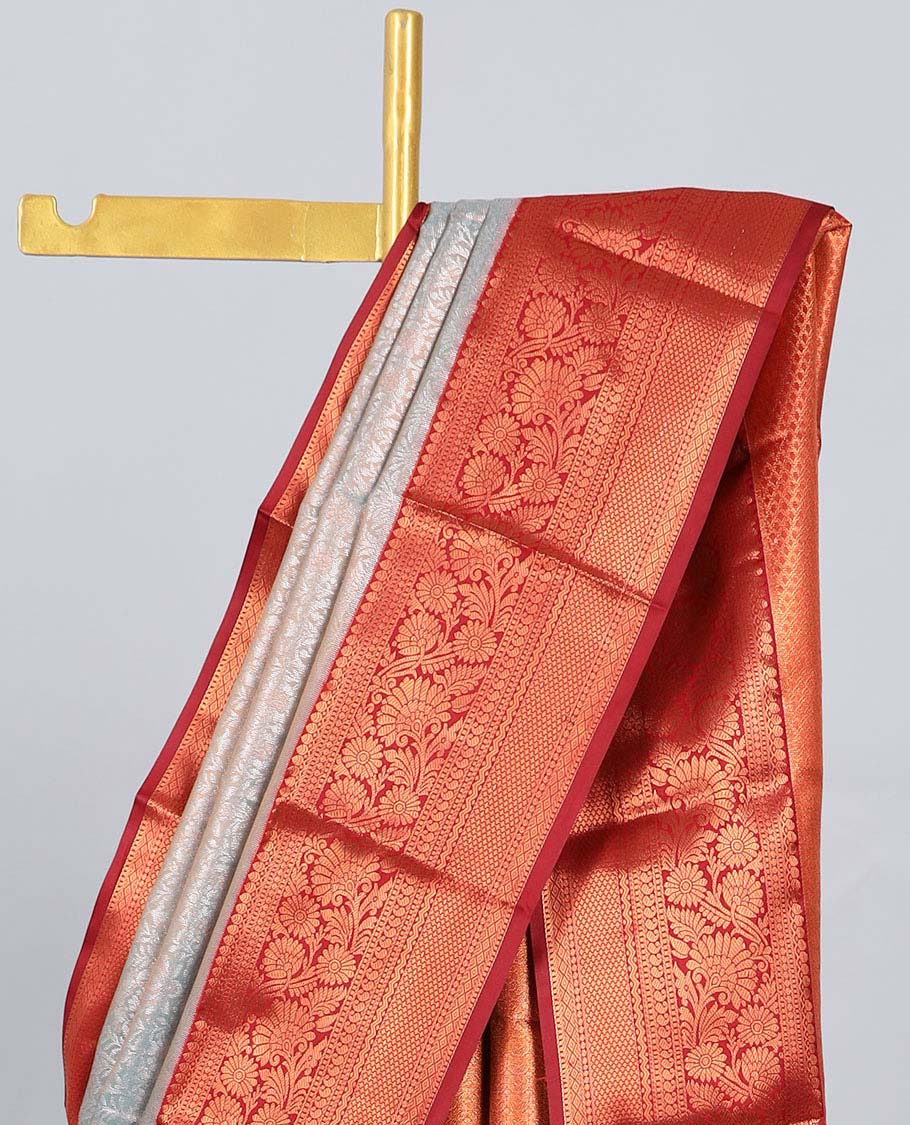 Grey jacquard budget silk saree, contrast traditional zari design border & intricate pallu
