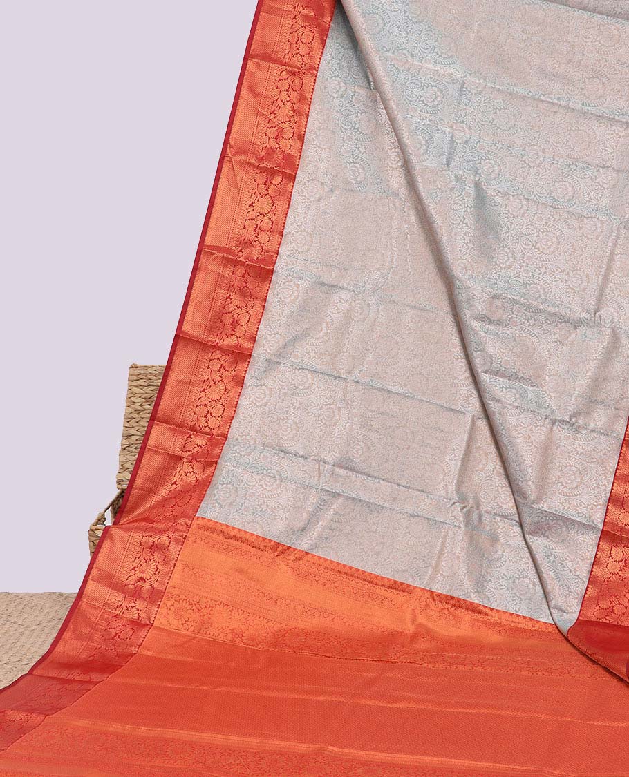 Grey jacquard budget silk saree, contrast traditional zari design border & intricate pallu