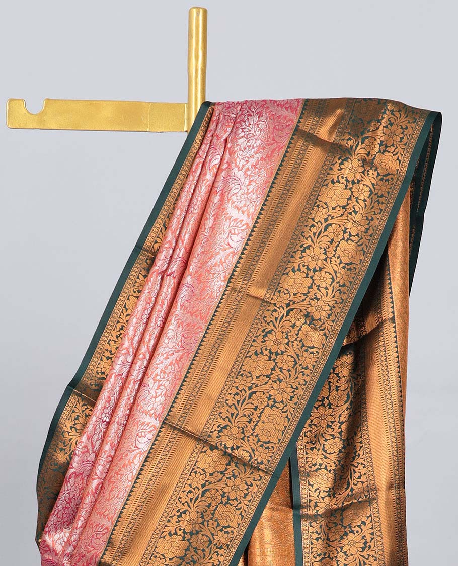 Pink jacquard budget silk saree, contrast traditional zari design border & ogee patterned pallu