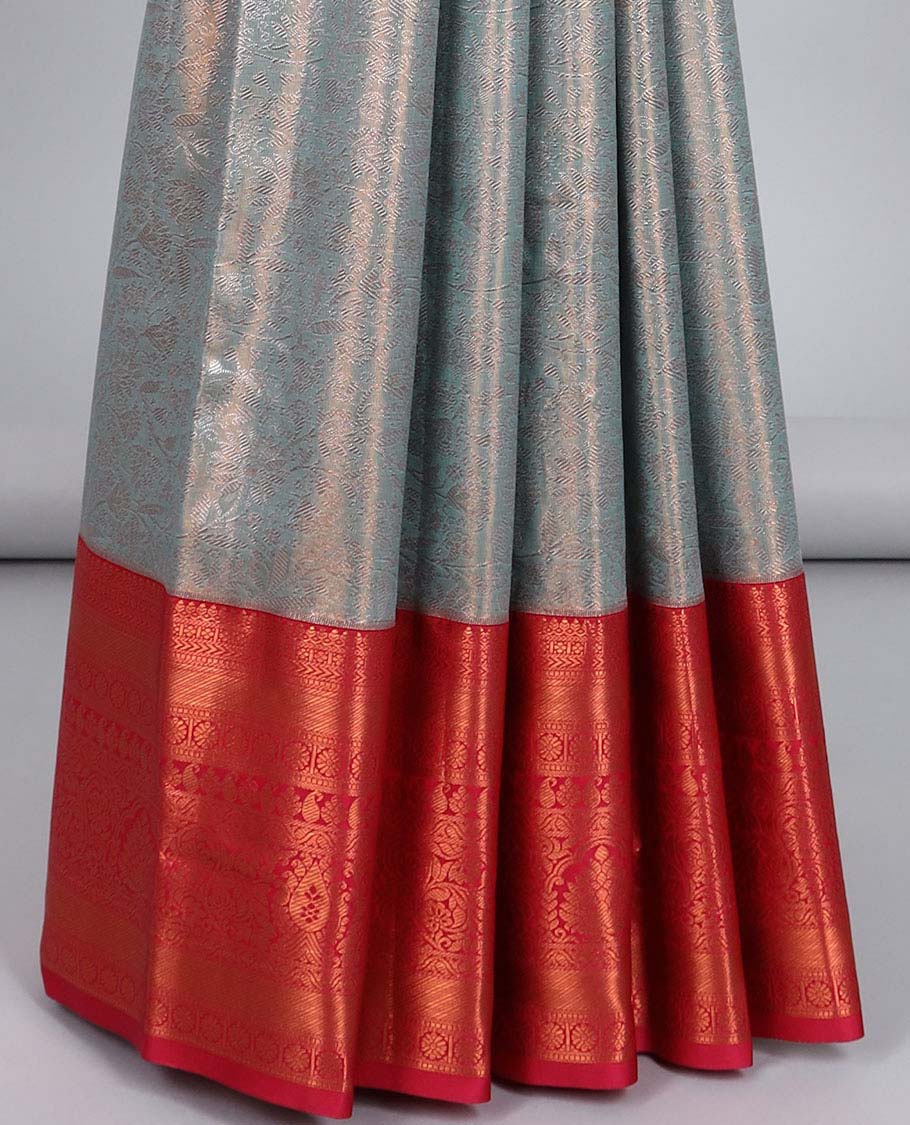 Grey jacquard budget silk saree, contrast traditional zari design border & jaal pallu