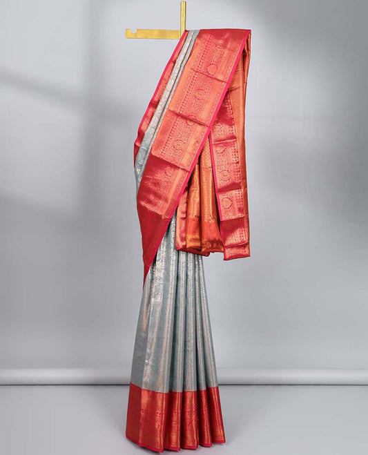 Grey jacquard budget silk saree, contrast traditional zari design border & jaal pallu