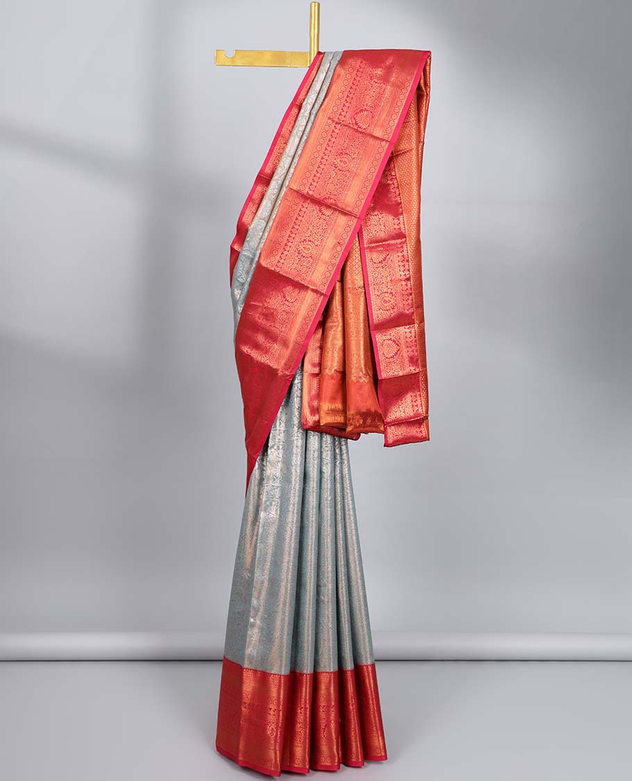 Grey jacquard budget silk saree, contrast traditional zari design border & jaal pallu