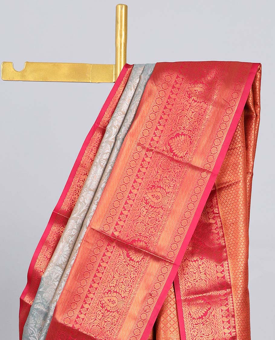 Grey jacquard budget silk saree, contrast traditional zari design border & jaal pallu