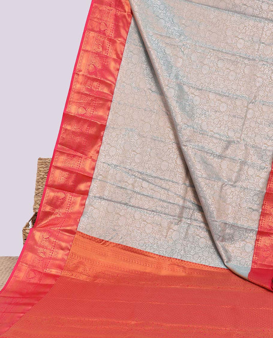 Grey jacquard budget silk saree, contrast traditional zari design border & jaal pallu