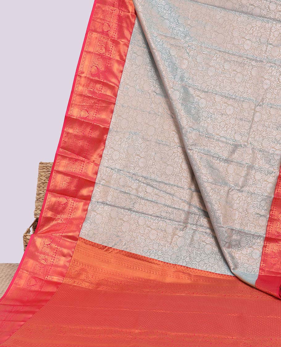 Grey jacquard budget silk saree, contrast traditional zari design border & jaal pallu