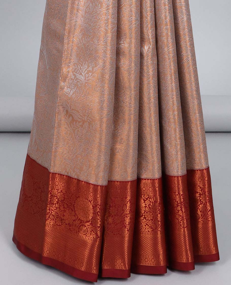 Pale brown jacquard budget silk saree, contrast traditional zari design border & ogee patterned pallu