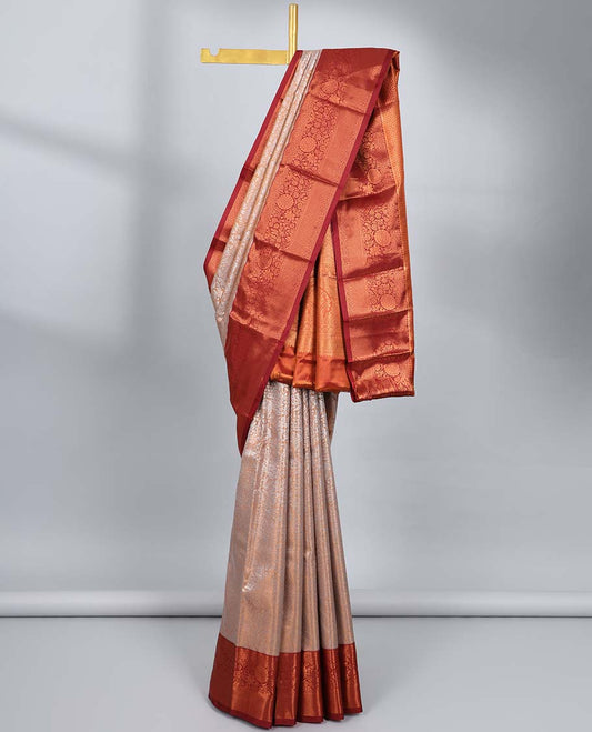 Pale brown jacquard budget silk saree, contrast traditional zari design border & ogee patterned pallu