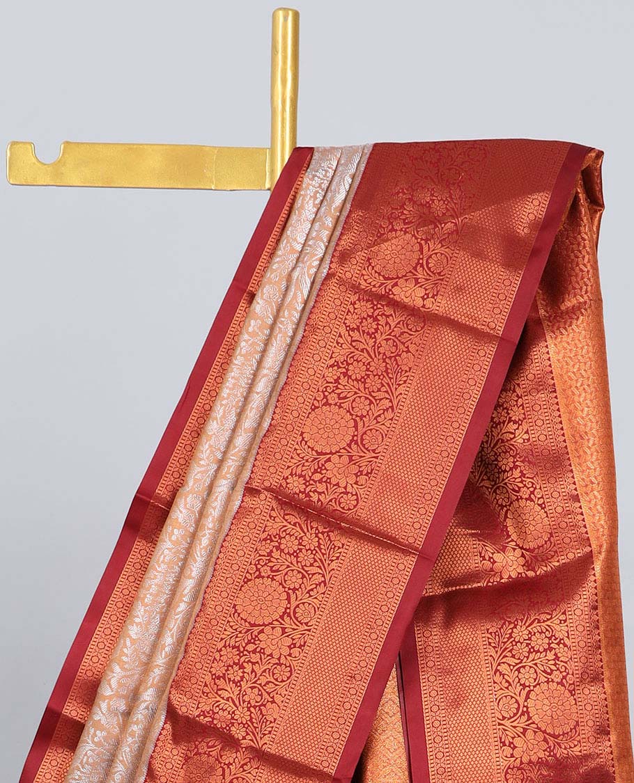 Pale brown jacquard budget silk saree, contrast traditional zari design border & ogee patterned pallu