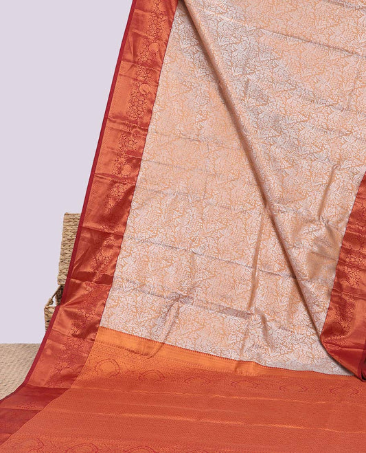 Pale brown jacquard budget silk saree, contrast traditional zari design border & ogee patterned pallu