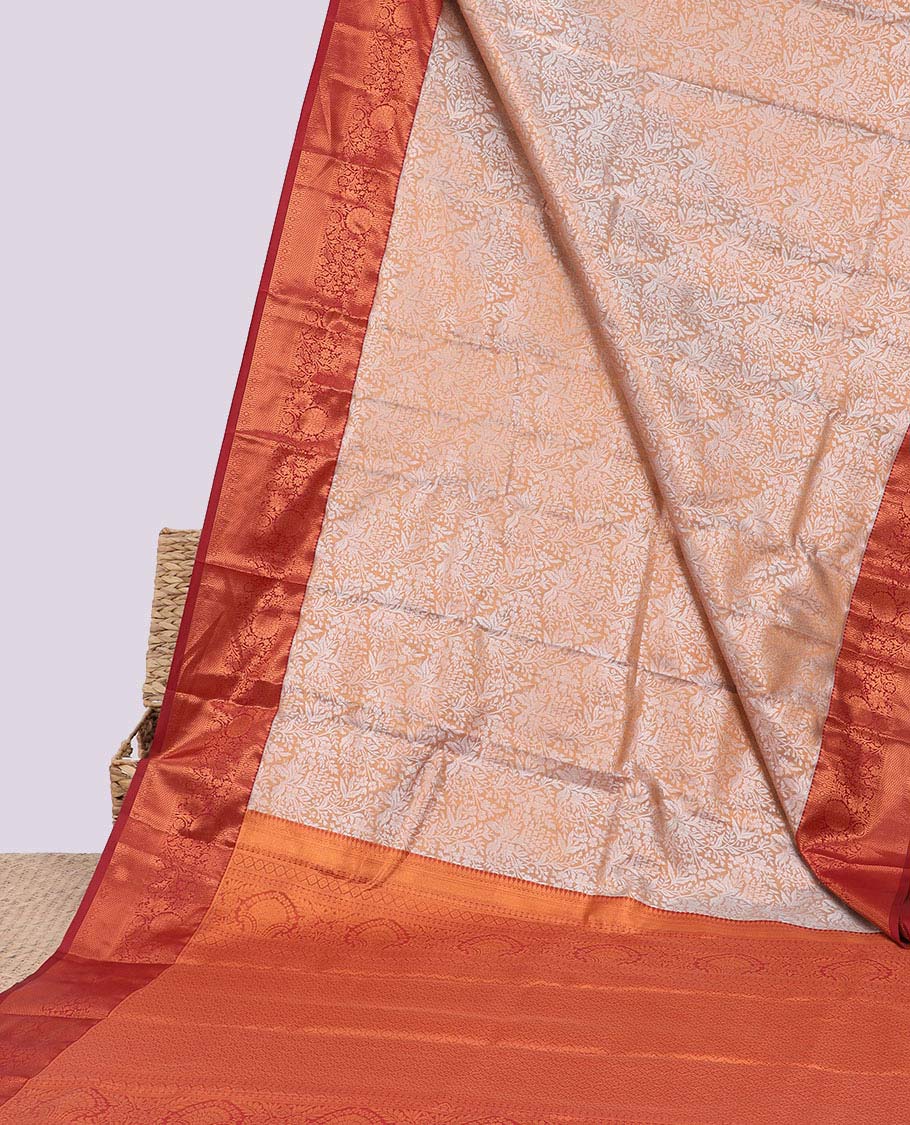 Pale brown jacquard budget silk saree, contrast traditional zari design border & ogee patterned pallu