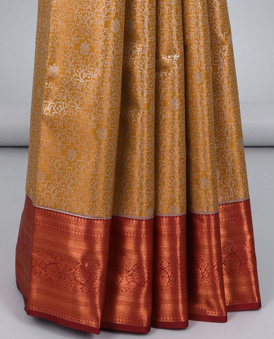 Yellow jacquard budget silk saree, contrast traditional zari design border & intricate pallu