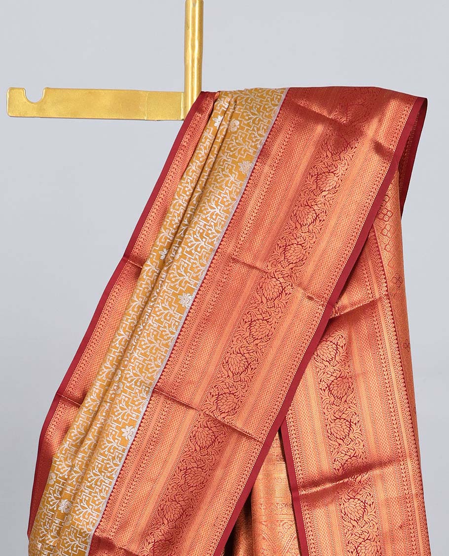 Yellow jacquard budget silk saree, contrast traditional zari design border & intricate pallu