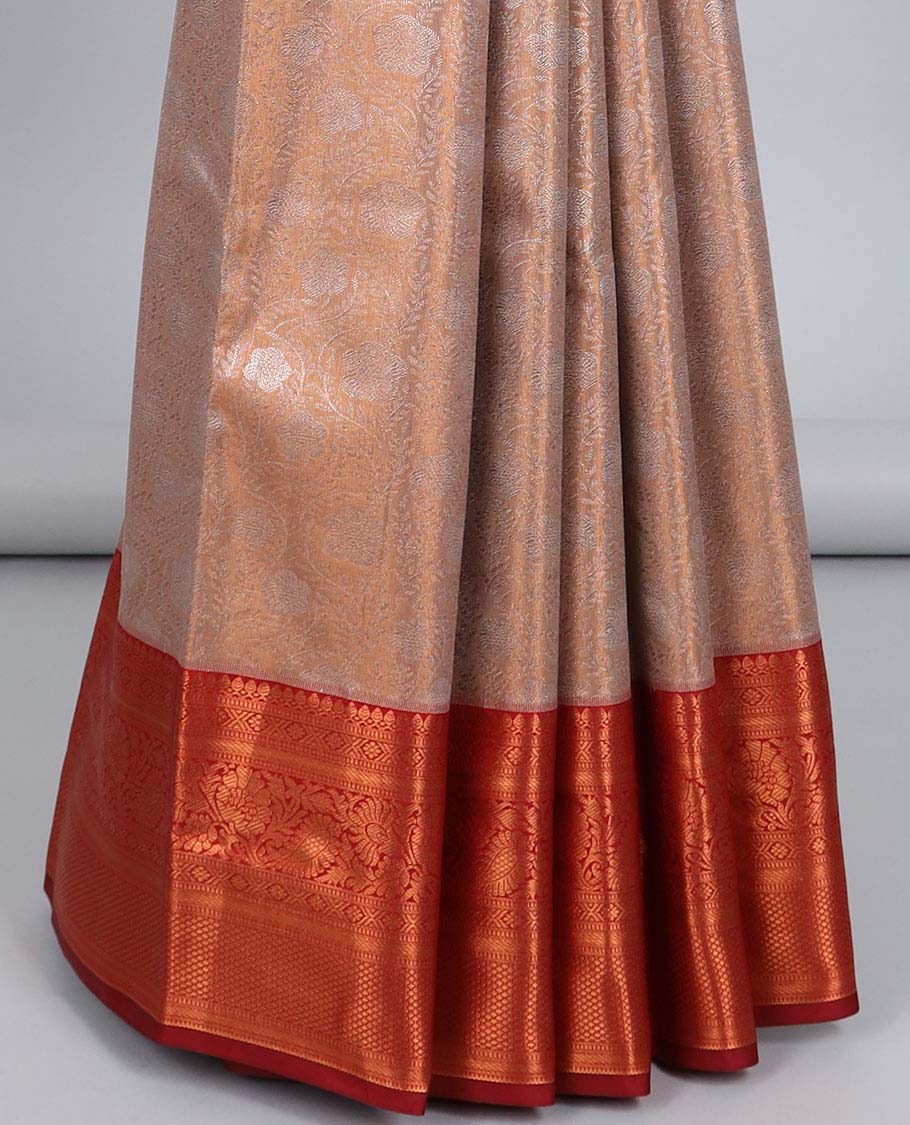 Pale brown jacquard budget silk saree, contrast traditional zari design border & jaal pallu
