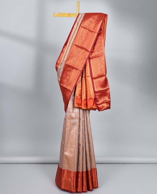 Pale brown jacquard budget silk saree, contrast traditional zari design border & jaal pallu